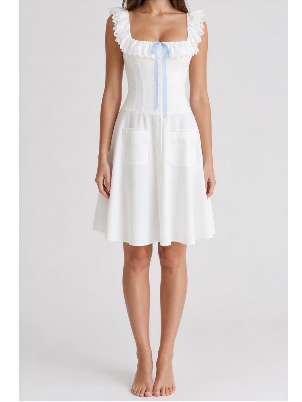 HOUSE OF CB Mathilde Broderie-Anglaise Stretch-Cotton Dress, Cloud Dancer, L+ - Picture 2 of 11